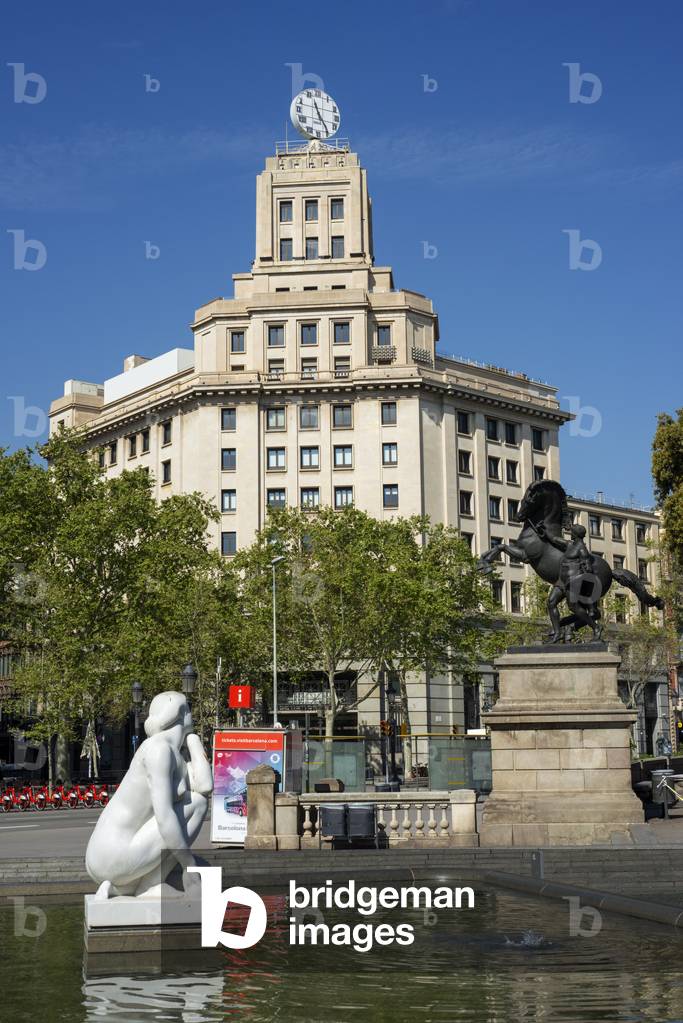 Catalonia square in Barcelona is completely deserted and its passage is prohibited due to the total confinement of the population in Spain, Barcelona, Spain, 9th April 2020 (photo)