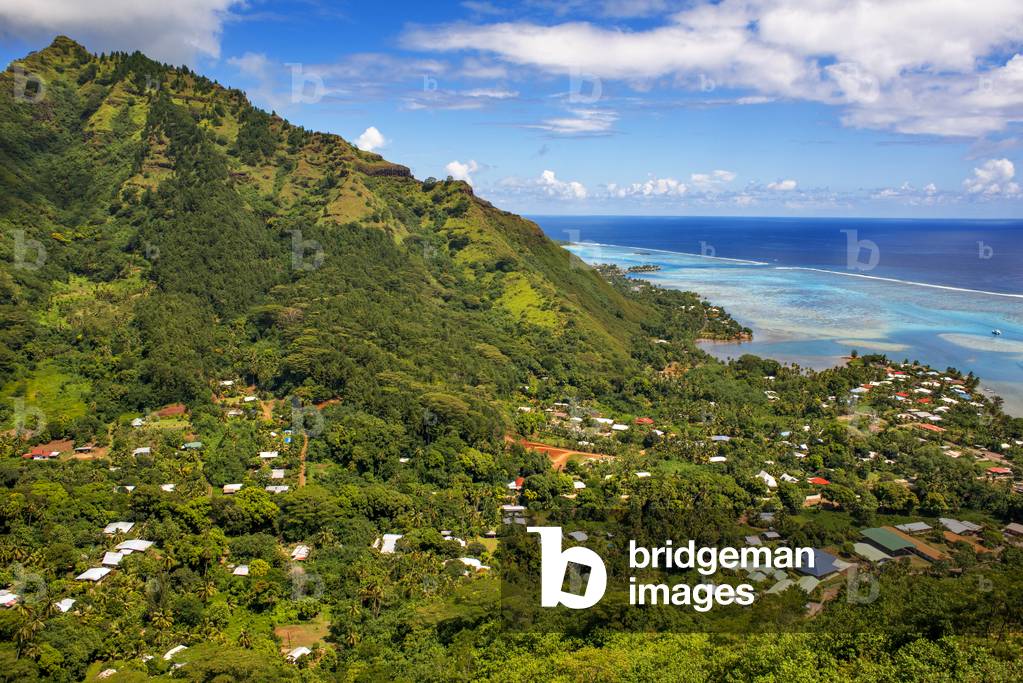Typical houses, road, and reef see, Moorea island (aerial view), Windward Islands, Society Islands, French Polynesia, Pacific Ocean, 2020 (photo)