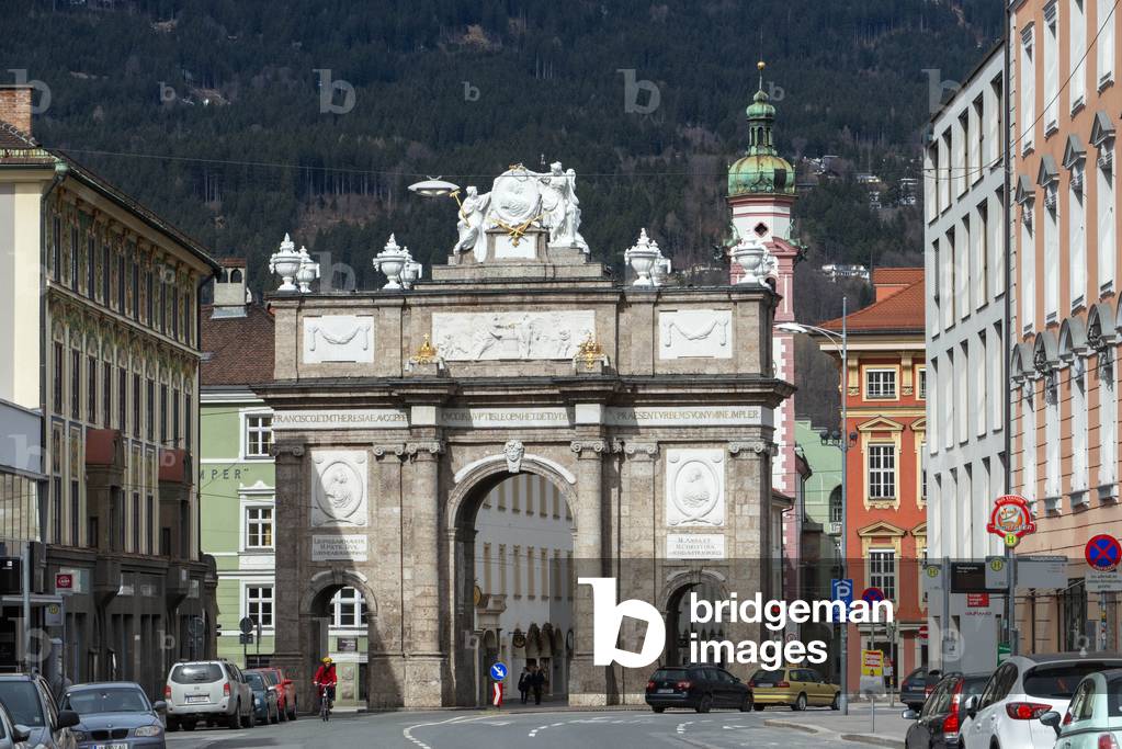 The Triumphal Arch, or Triumphforte, in Innsbruck, Austria.The arch was built in 1765 in honor of the wedding of Leopold to Maria Ludovica of Tuscany, 2020 (photo)