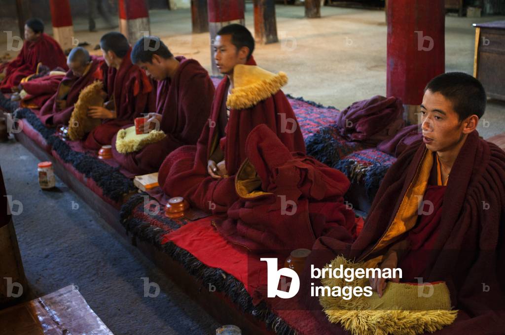 Monks praying inside the monastery of Pelkhor Chode, Gyantse, Tibet, China, Asia (photo)