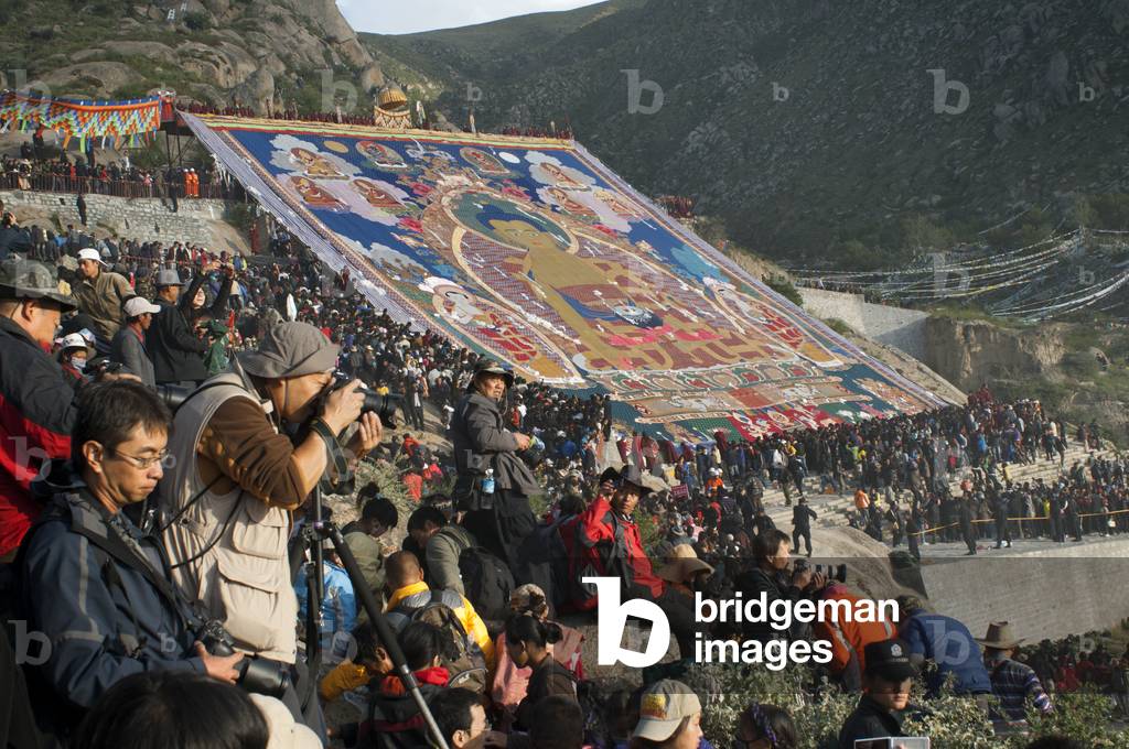 Giant silk Tangka unveiled at Drepung monastery during the Yogurt Festival or also called Shoton Festival, Lhasa, Tibet (photo)