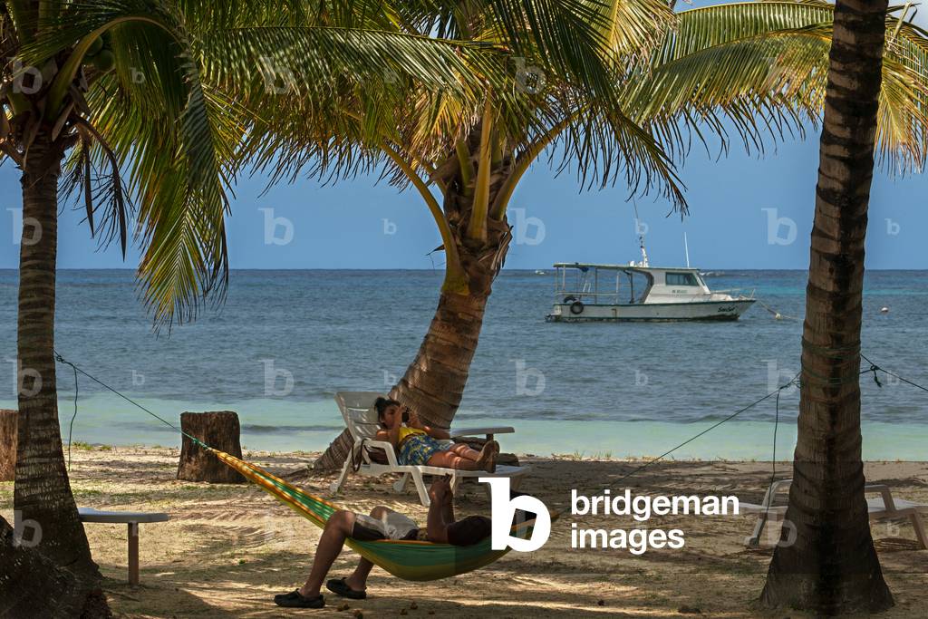 Tourists relaxing in a hammoc next to the beach, Corn Island, Caribbean Sea, Nicaragua, Central America, America (photo)