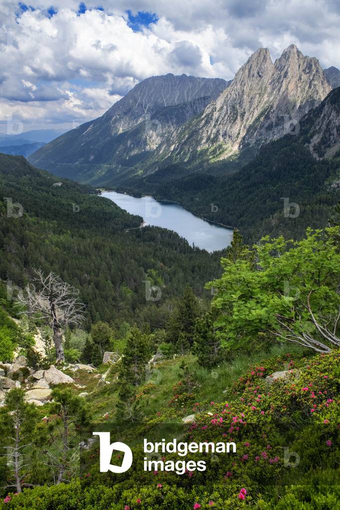 Encantats peaks seen from Sant Maurici lake, Lleida, 2021 (photo)