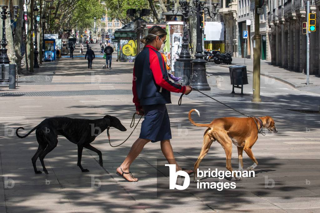 The Ramblas in Barcelona is practically deserted due to the total confinement of the population in Spain, Barcelona, Spain, 9th April 2020 (photo)