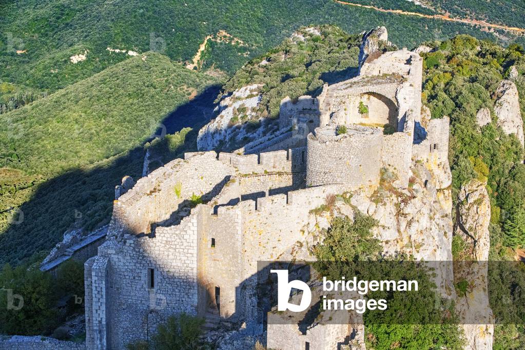 Aerial View of the Cathar castle of Peyrepertuse in Languedoc-Roussillon, France, Europe, Ancient Cathar site of the Château de Peyrepertuse, Peyrepertuse Castle in Corbieres Occitanie Midi Pyrenees France, 2020 (photo)