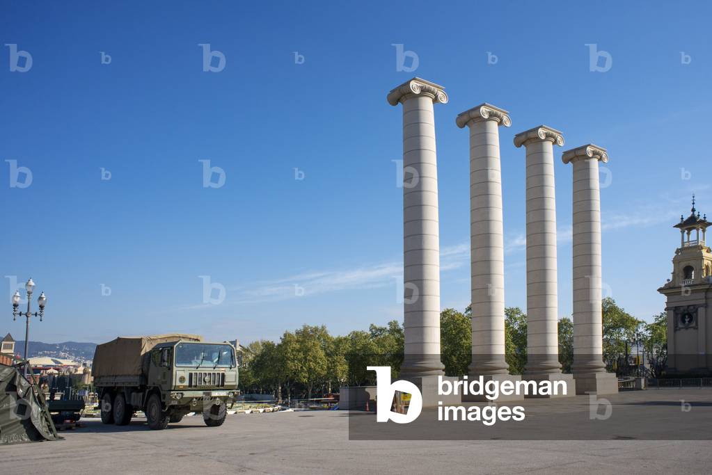 Congress palace in Monjuic, Barcelona, Spain, Barcelona, Spain: Camp set up by the Spanish army to house homeless people, 9th April 2020 (photo)