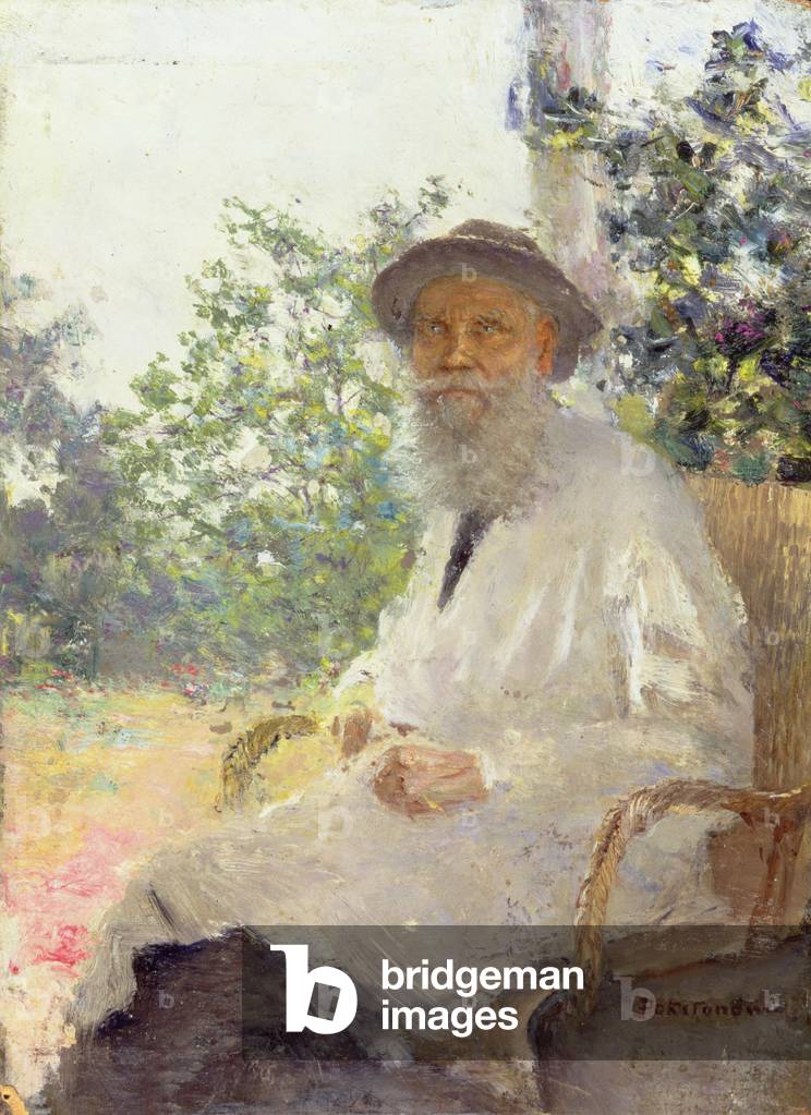 Ritratto di Lev Nikolaevich Tolstoy (1828-1910) sulla terrazza, 1905 (olio su pannello)