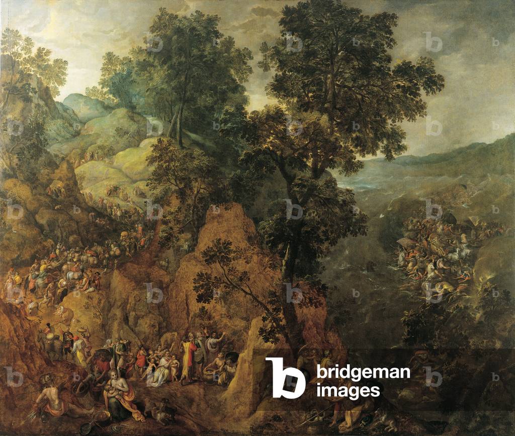 Landscape with the Israelites flight from Egypt into the Promised Land; Pharaoh's army engulfed by the Red Sea; Moses striking the rock and Moses with the Tables of the Law (oil on canvas)