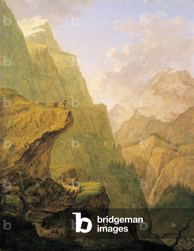 Landscape with a peasant driving his livestock over a bridge (oil on canvas)