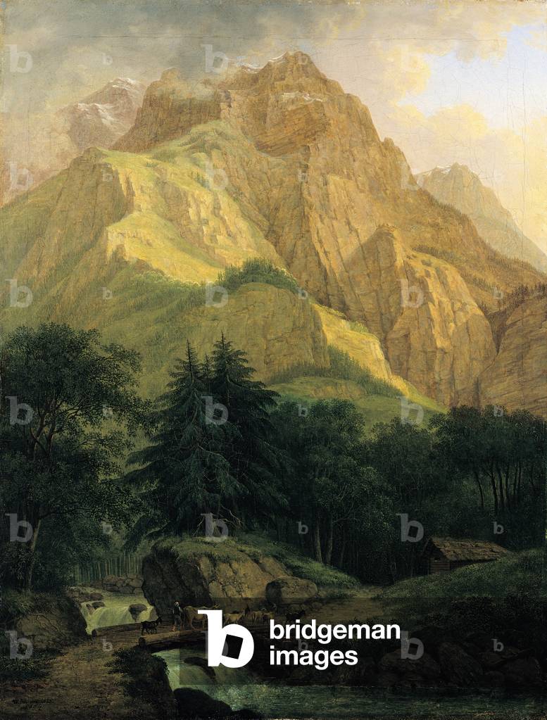 Landcsape with a cowherd leading his livestock on a mountain path (oil on canvas)