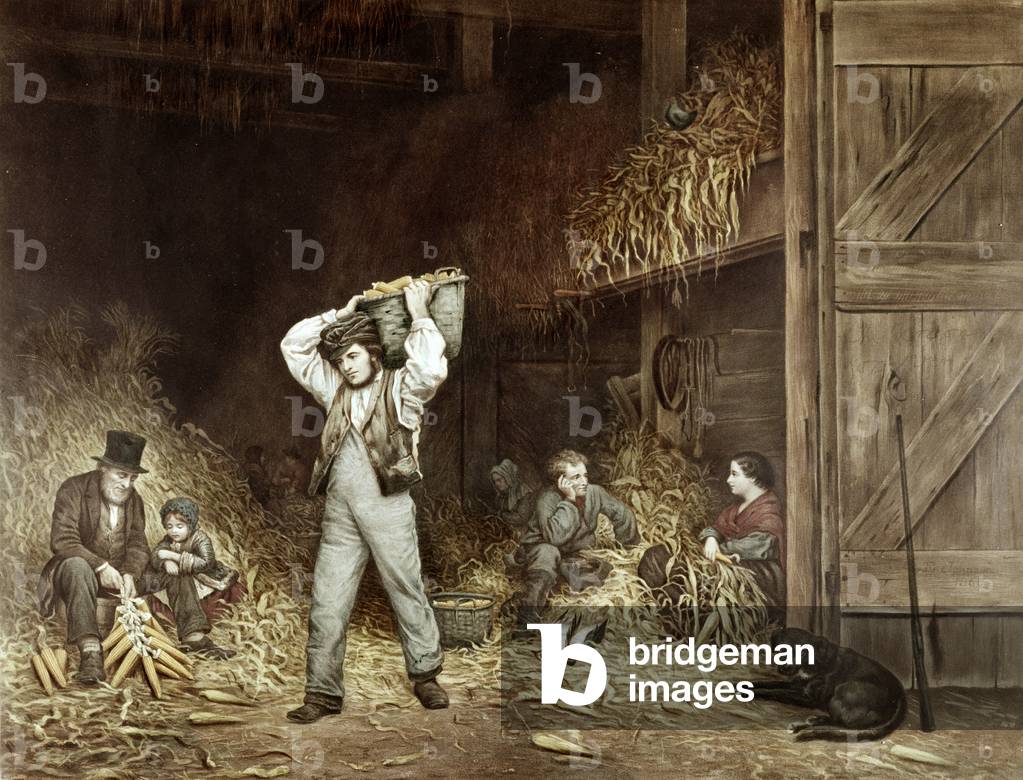 Immagine di Stampa "Husking Corn (litografia)", C18th Secolo di J.M. Currier