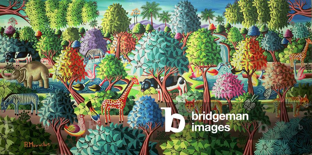 Paesaggio arboreo con animali