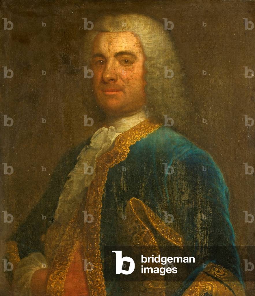 Portrait of a Man in a Grey Wig and a Blue Velvet Gold-Braided Jacket, Carrying a Tricorne Hat (probably Walter Long), 1742 (oil on canvas)