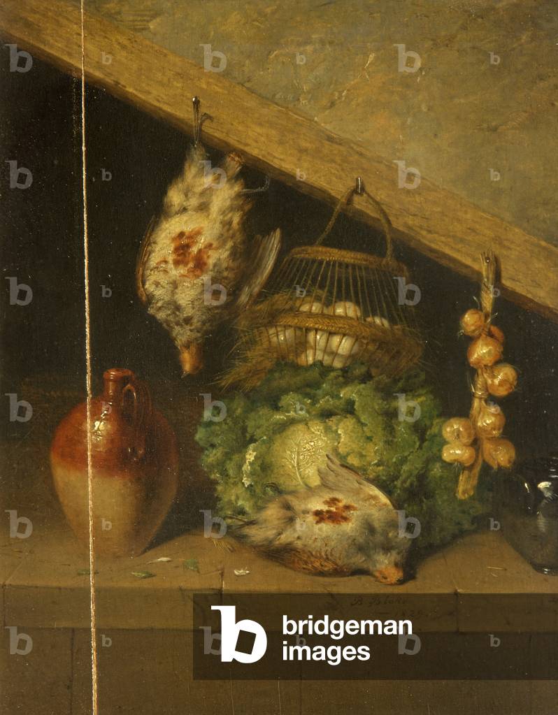 Still Life of a Hanging Bird, a Jar and a Cabbage (oil on canvas)