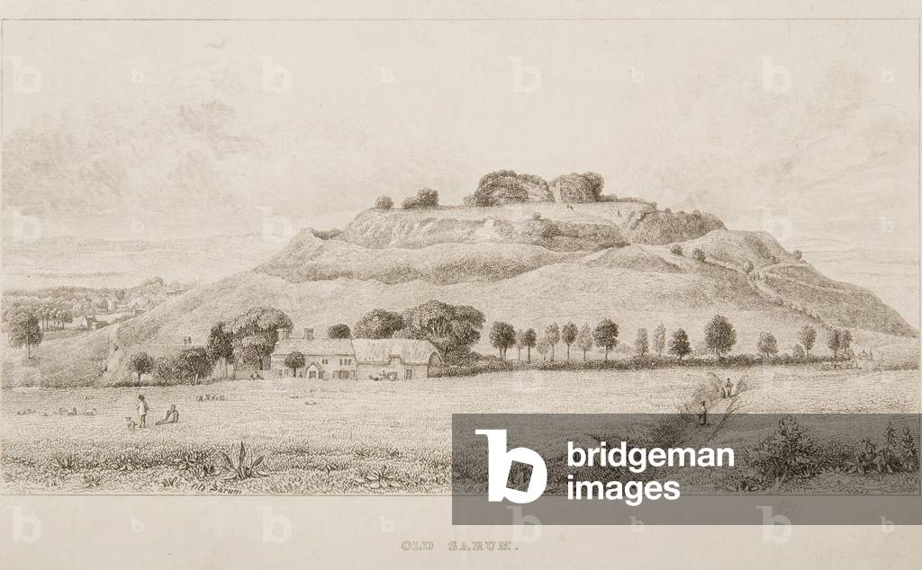 "Old Sarum Castle", 1834 von J. Fisher, b/w