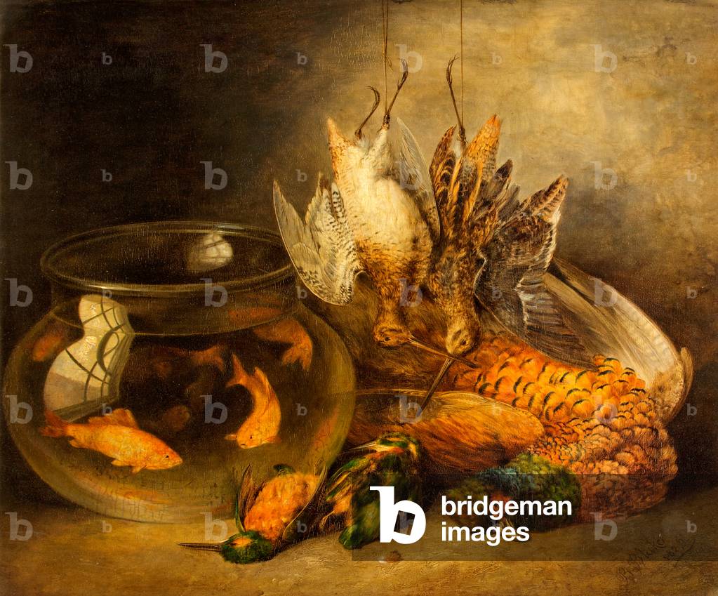 Still Life, Game and Hanging Snipe with Goldfish in a Bowl (Dead Game) (oil on board)