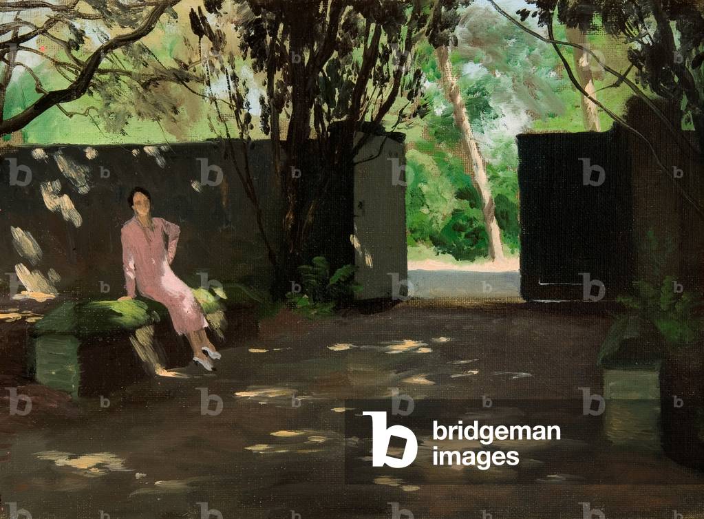 The Entrance Gates for the Daye House, Wilton Park, Wiltshire, with Edith Olivier Seated on the Parapet of the Bridge, c.1940 (oil on board)