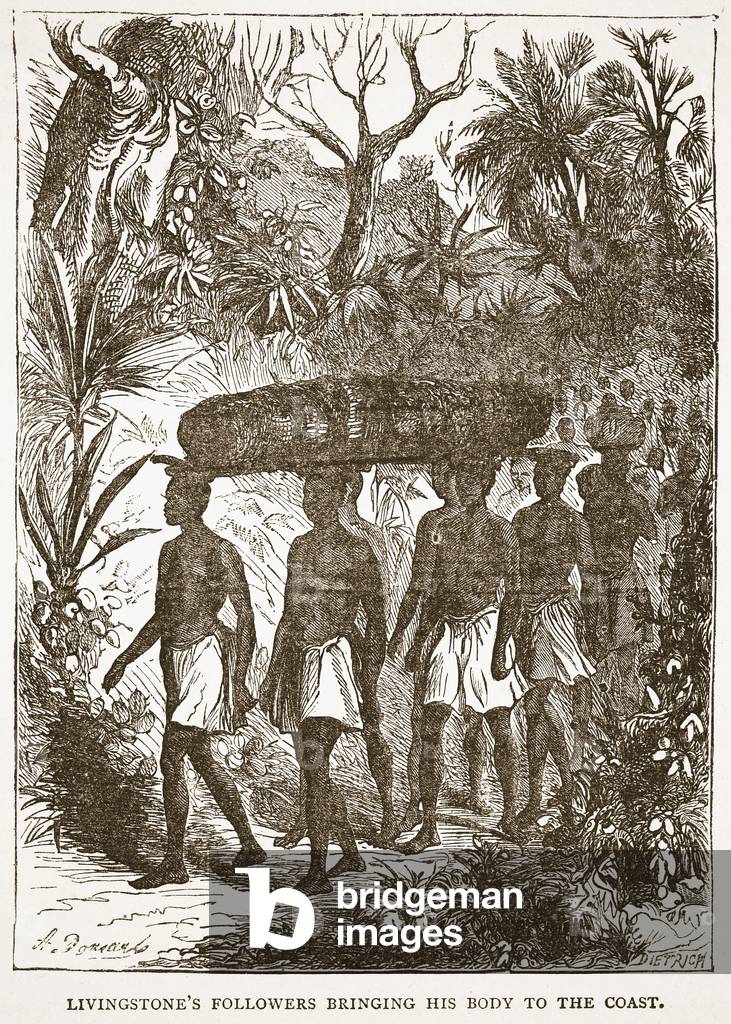 Livingstone's followers bringing his body to the coast, illustration from The Pictorial Edition of the Life and Discoveries of David Livingstone by J. Ewing Richie, pub. by A. Fullarton & Co., 1876 (litho)