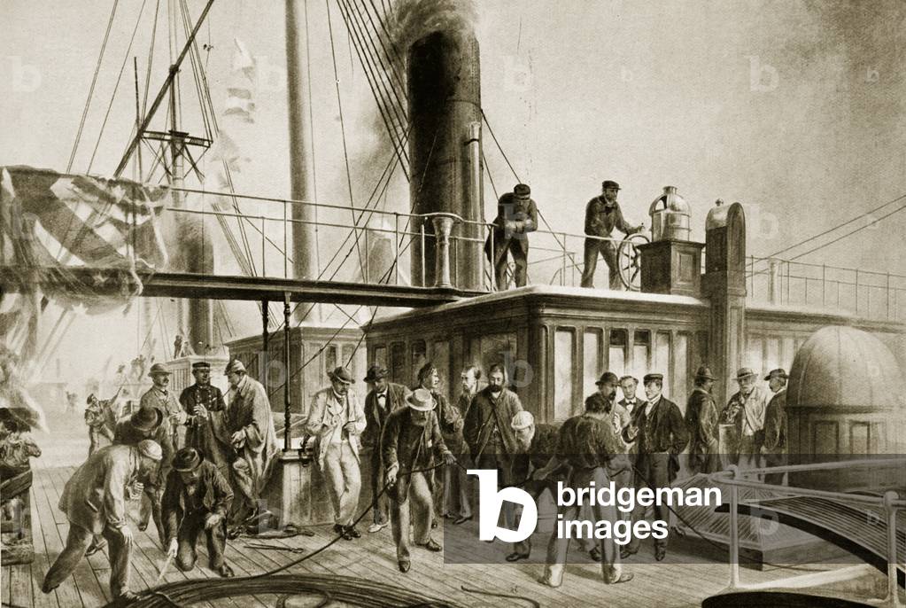 The 'Great Eastern' recovering the lost Atlantic Cable, 1866 (litho)