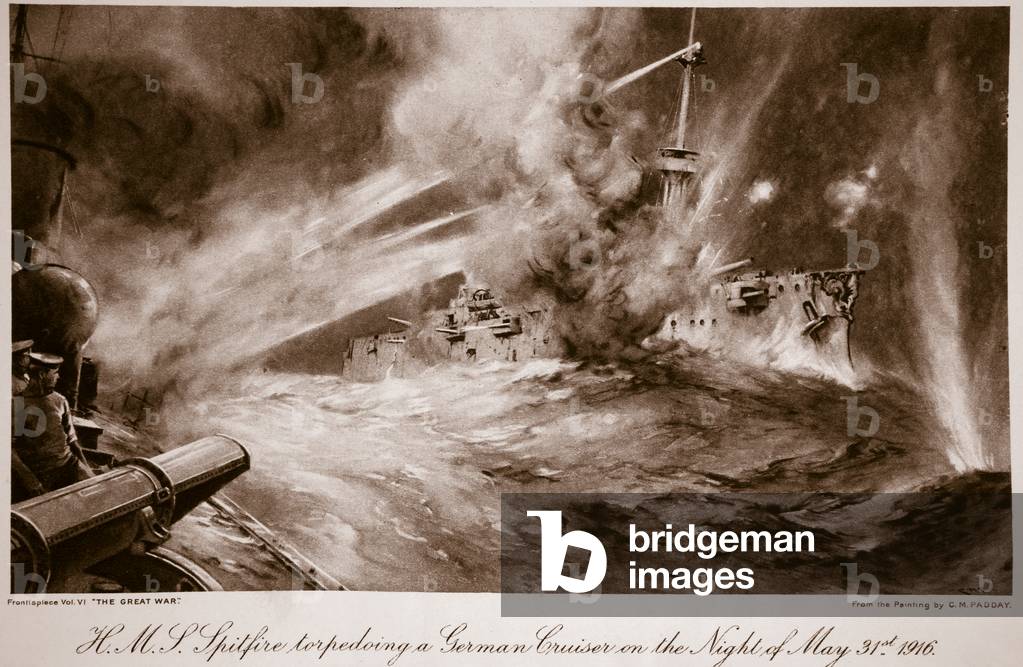 H.M.S Spitfire torpedoing a German Cruiser on the Night of May 31st, 1916, 1914-19 (litho)
