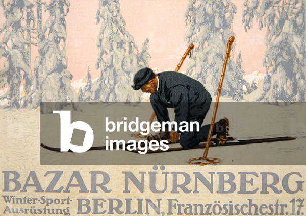 Advertisement for 'Bazar Nurnberg' winter sports outfitters, 1927 (colour litho)