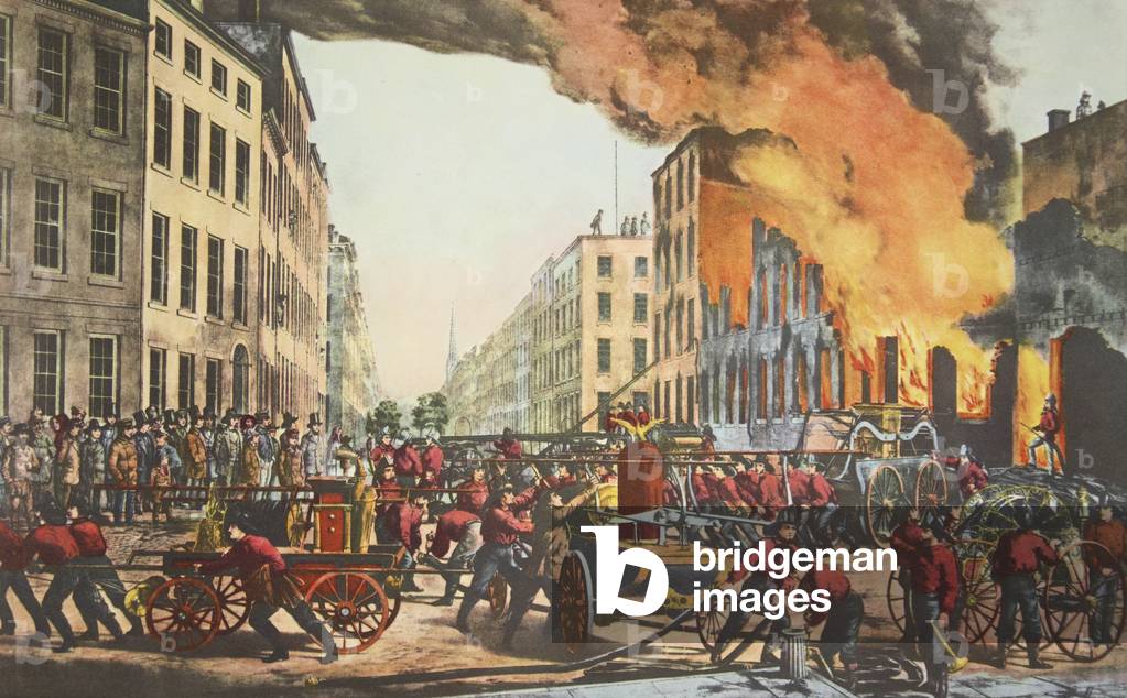The Life of a Fireman - The Ruins, pub. 1854 Currier & Ives (colour litho)