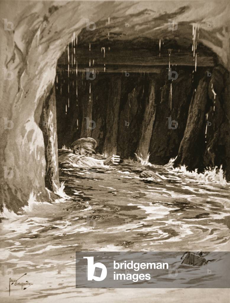 Second-Corporal Collier struggling out of a mine gallery nearly full of water after completing his work (litho)