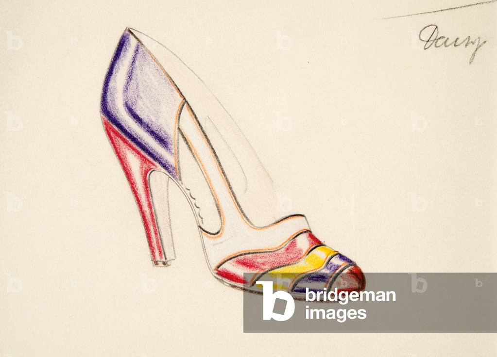 Multi-Coloured Heel with Cut Out Side Detail, from 'Die Schuhmode', pub. 1924/25 (crayon on tissue paper)