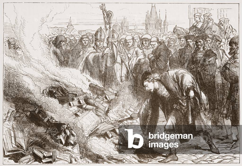 Destruction of the works of Wicliffe at Prague, illustration from 'The History of Protestantism' by James Aitken Wylie (1808-1890), pub. 1878 (engraving)