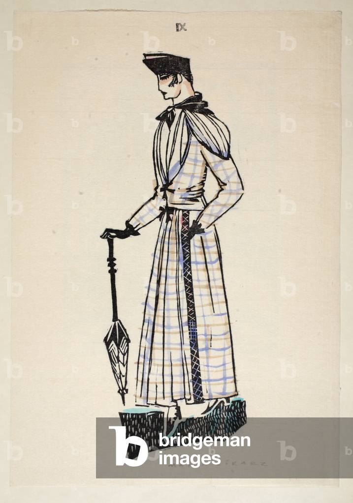 Design for a walking dress, Plate 9, Book 3, illustration from 'Wiener Werkstatte Mode 1914/15', pub. Eduard Kosmack, Vienna, 1914-1915 (hand-coloured linocut)