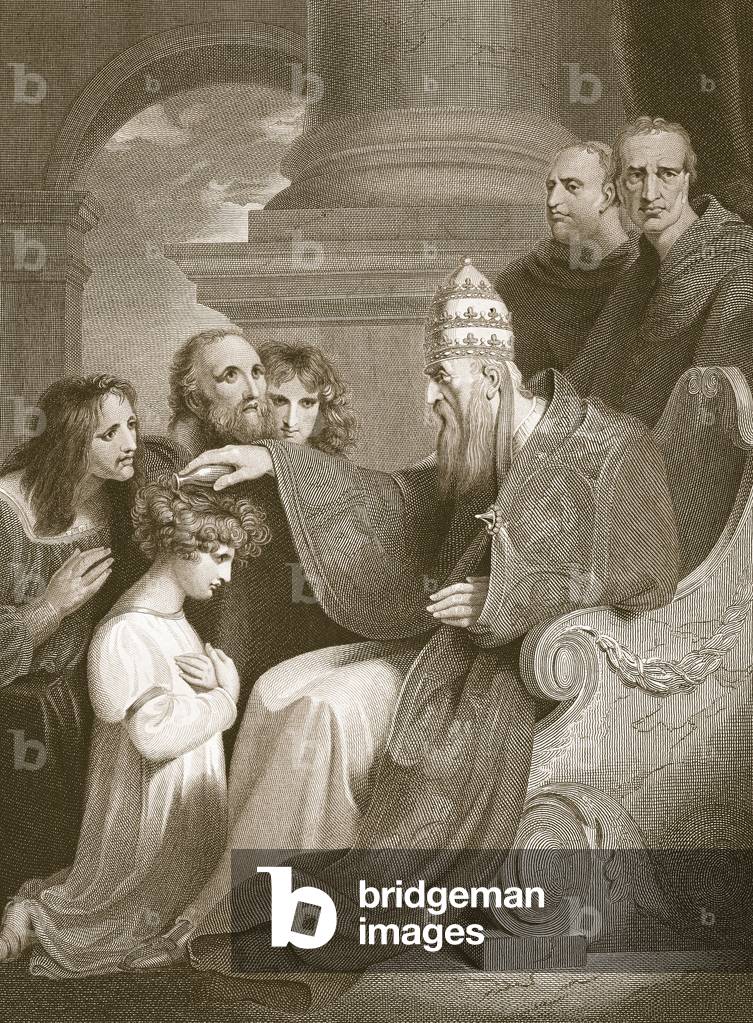 Prince Alfred before Pope Leo the III, engraved by J. Stow, illustration from David Hume's 'The History of England', pub. by R. Bowyer, London, 1812 (engraving)