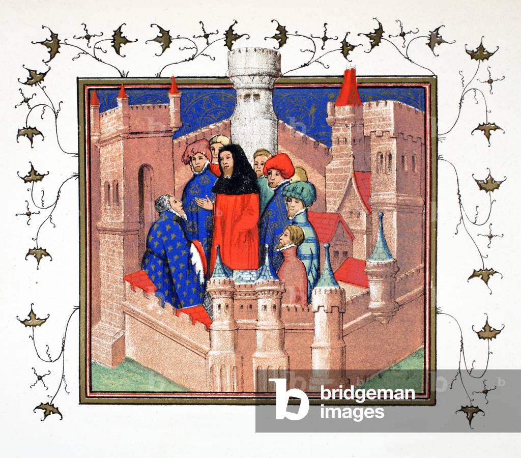 Interior of Conway Castle and the Earl of Northumberland delivering his false message to Richard II, facsimile copy from 'Le Prinse et Mort du Roy Richart' by Jean Creton, reprinted 19th Century (colour litho)