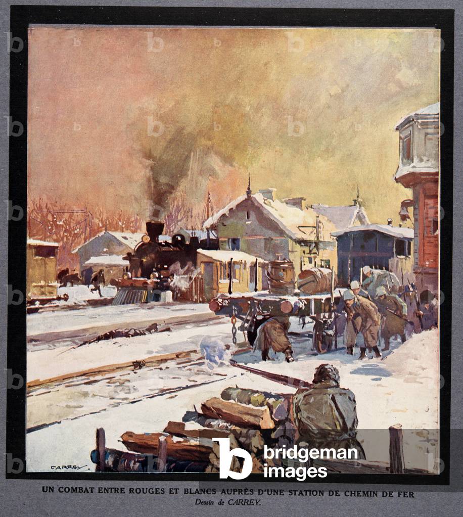 A fight between the Red and White Guard at a railway station,  from Histoire des Soviets, pub. 1922 (colour litho)