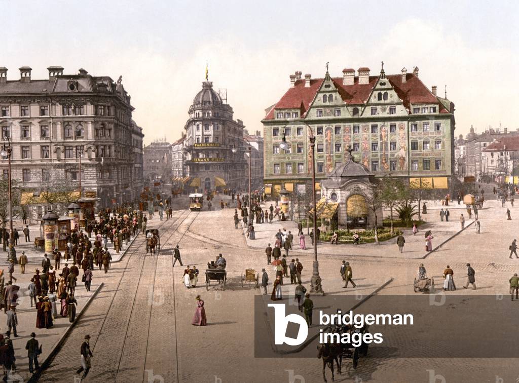 Looking towards the Central Railway Station in Munich, pub. c.1895 (postcard chromolithograph)