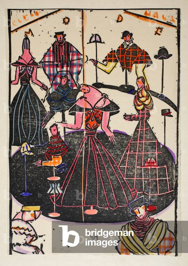 In the Hat Shop, Plate 6, Book 5, illustration from 'Wiener Werkstatte Mode 1914/15', pub. Eduard Kosmack, Vienna, 1914-1915 (hand-coloured linocut)