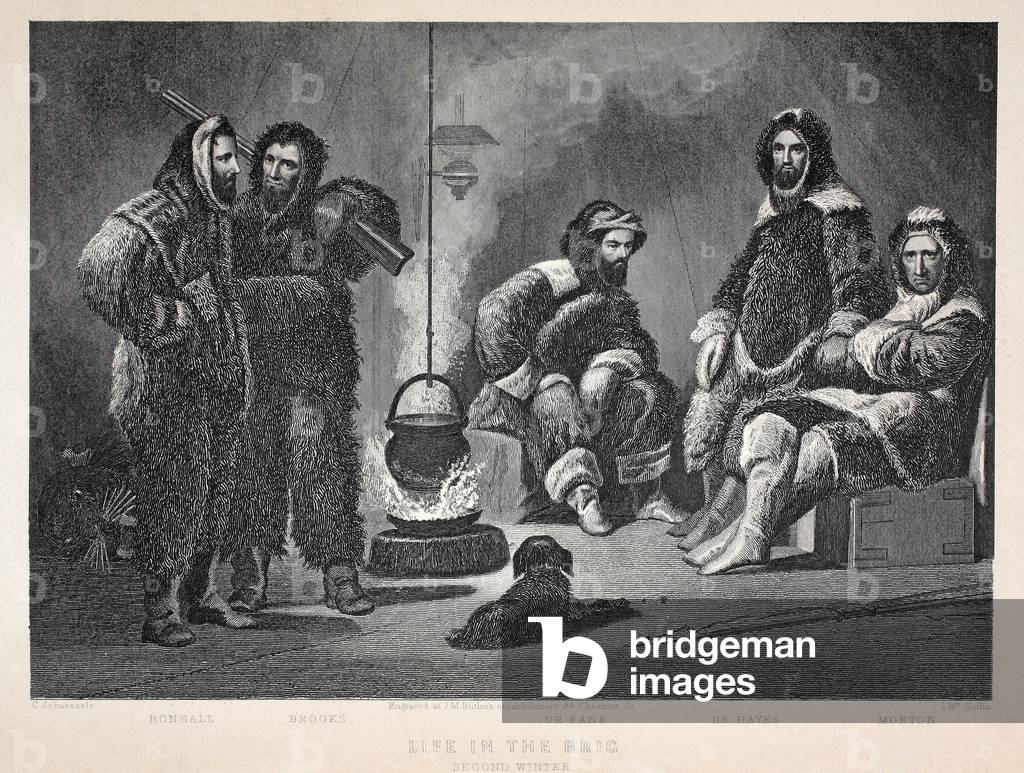 Life in the Brig, illustration from 'The second Grinnell Expedition in Search of Sir John Franklin...', 1856 (engraving)
				
