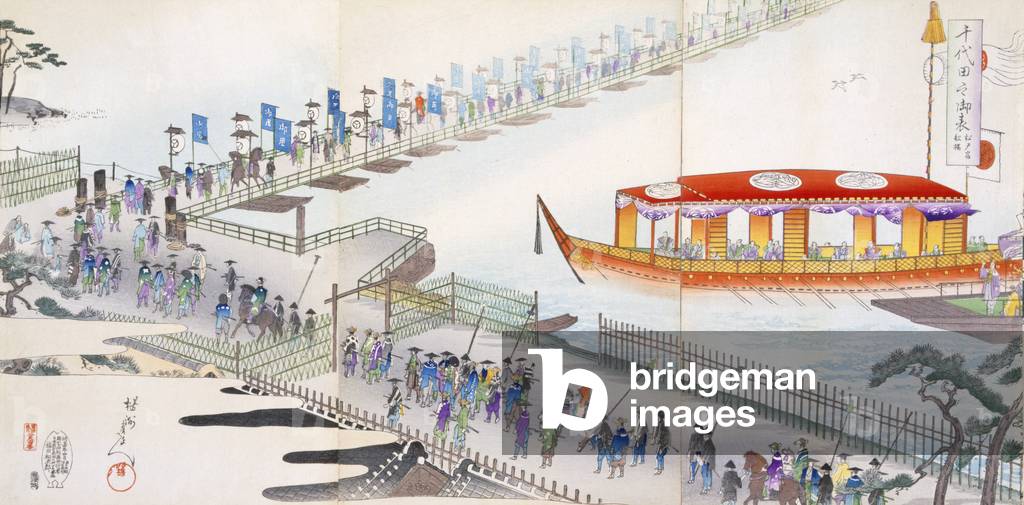 Attending a Festival: crossing a pontoon bridge to the sacred site (colour woodblock print)