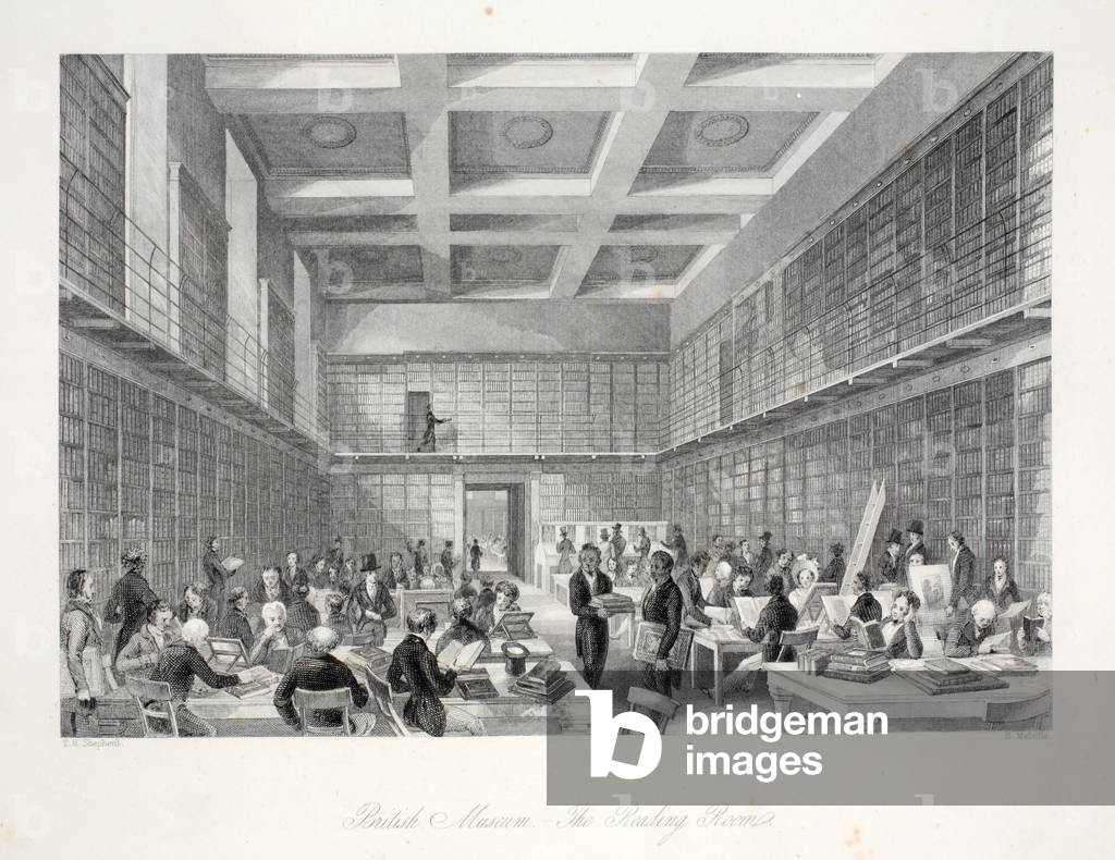 The Reading Room and Library at the British Museum, from 'London Interiors with their Costumes and Ceremonies' pub. Joseph Mead, London, c.1843 (steel engraving)