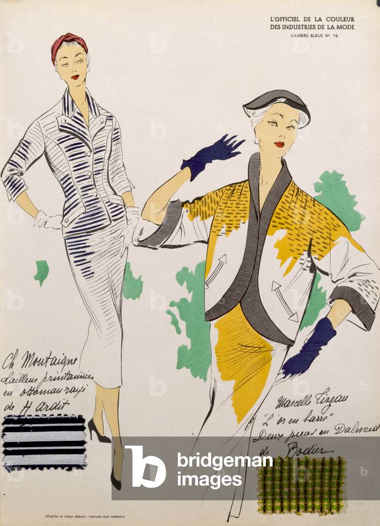 Sketches and fabric swatches, from 'L'oficiel de la couleur des industries de la mode' (colour litho)