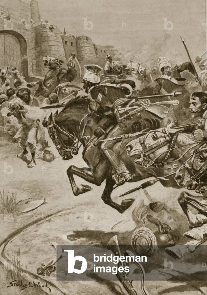 The 11th Lancers and Skinner's Horse driving the Jats into Bharatpur, December 1828 (litho)