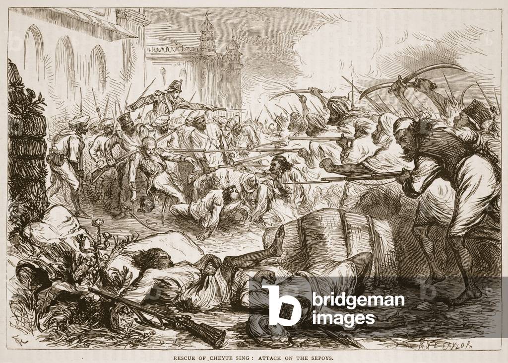 Rescue of Cheyte Sing: attack on the sepoys, illustration from 'Cassell's Illustrated History of India' by James Grant, pub. 1879 (litho)