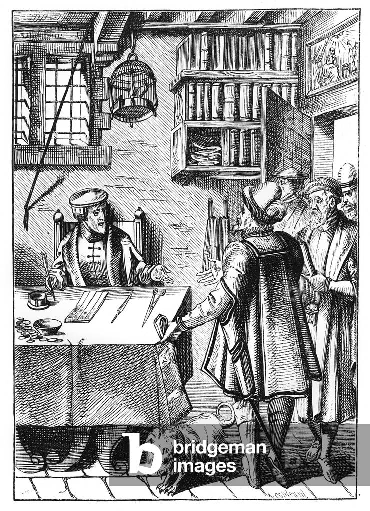 The Receiver of Taxes, after a woodcut in 'Praxis Rerum Civilium' by Joos de Damhouder (1507-81) published Antwerp, 1557 (litho) (b/w photo)