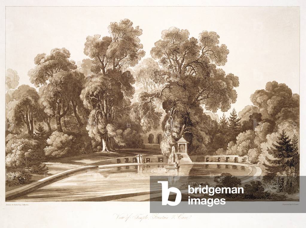 View of the Temple Fountain and Cave, Sezincote, engraved by Frederick Christian Lewis Snr. (1779-1856), c.1817-18 (sepia aquatint) (see also 171663)