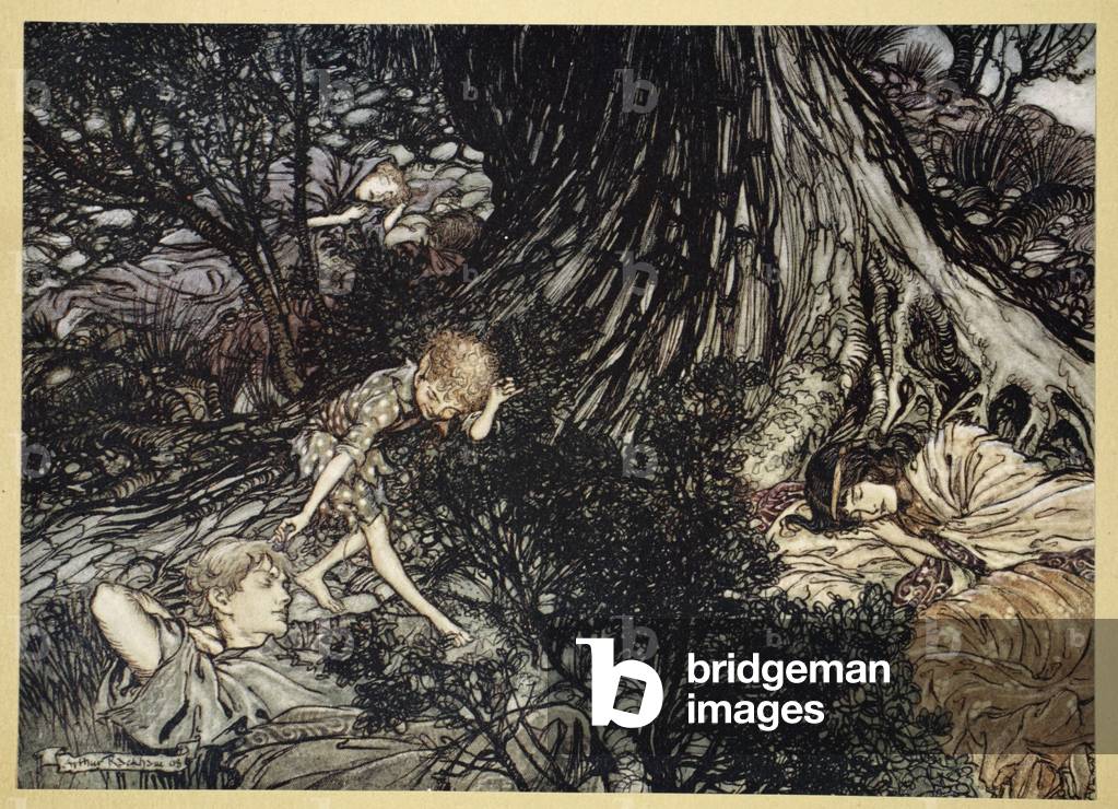On the ground Sleep sound: I'll apply To your eye, Gentle lover, remedy, illustration from 'Midsummer Nights Dream' by William Shakespeare, 1908 (colour litho)