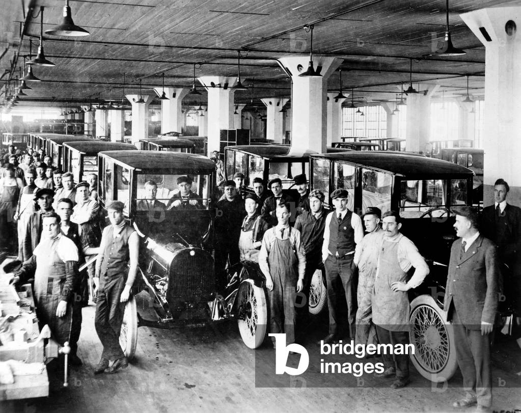 Production Line for the Dodge, 4-Door Sedan at Dodge Brothers Motor Car Company Plant, pub. 1919 (b/w photo)