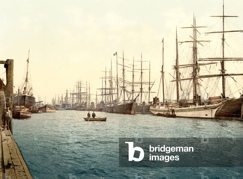 Tall ships on the Elbe, pub. c.1895 (postcard chromolithograph)