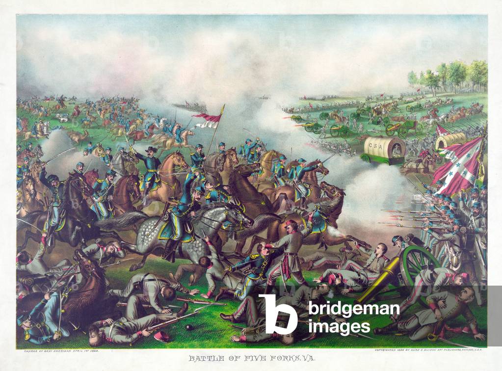 Battle of Five Forks, Va., pub. Kurz & Allison, 1886 (colour litho)