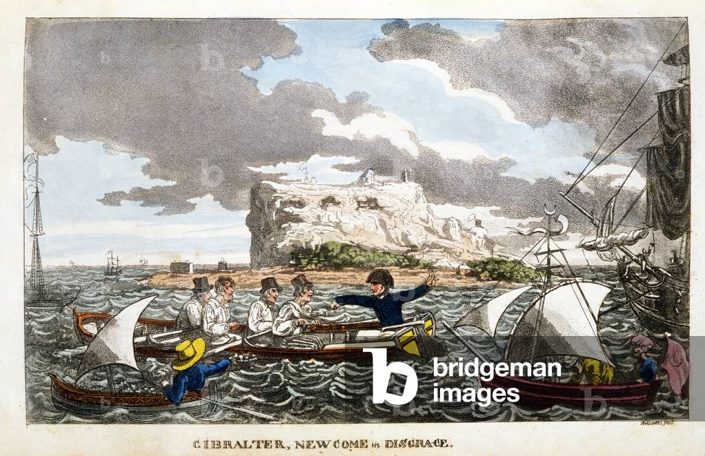 Gibraltar: Newcome in Disgrace plate from 'The Adventures of Johnny Newcome in the Navy' by John Mitford, 1818 (hand-coloured aquatint)