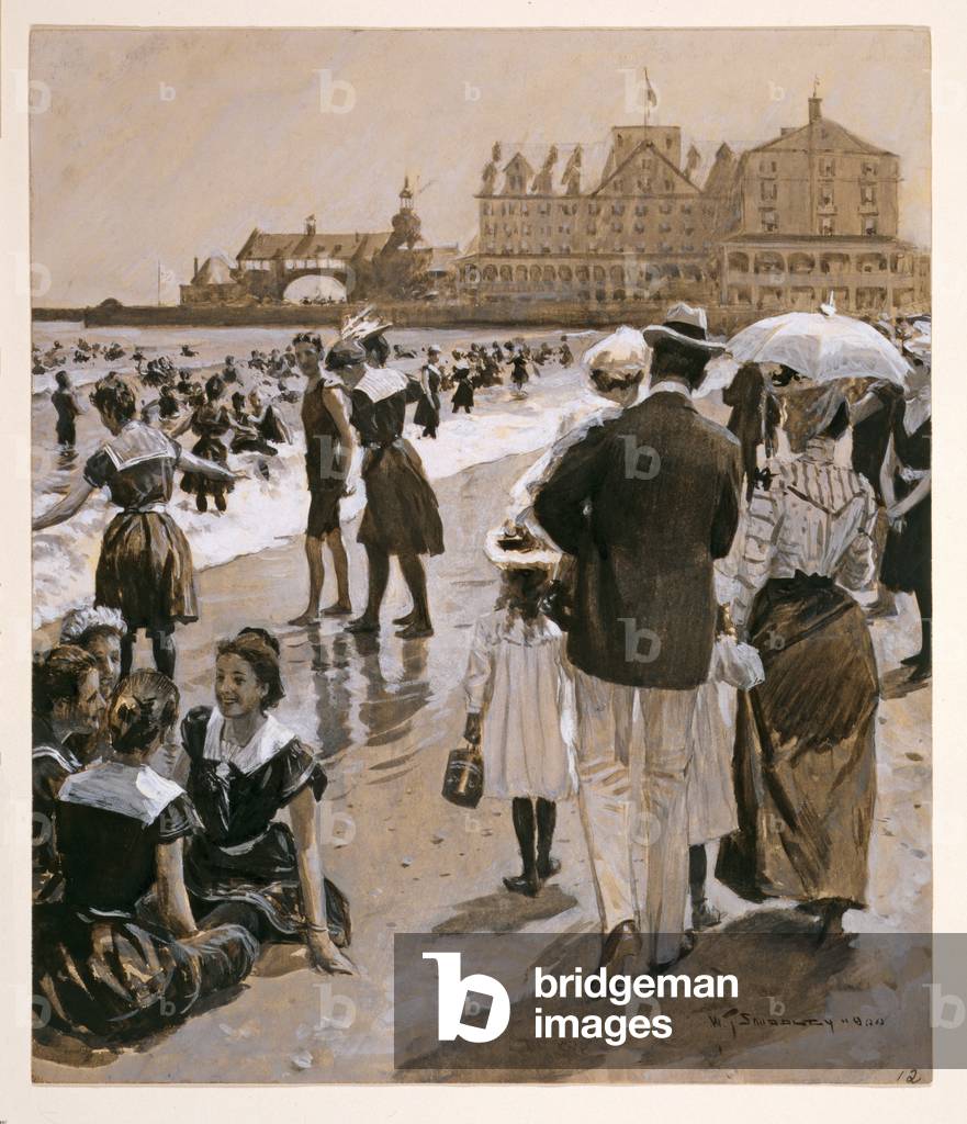 Beach Scene from Harper's Weekly, pub. 1900 (coloured lithograph)
