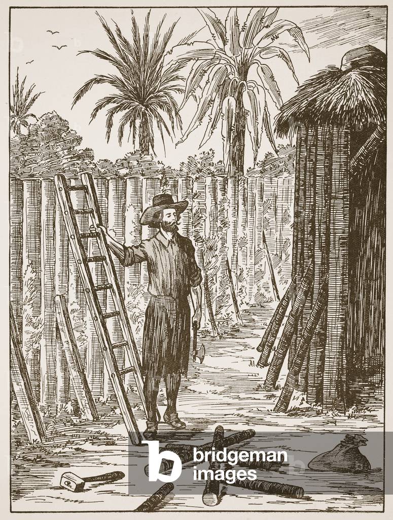 Robinson Crusoe building his bower, illustration from 'The Story of Robinson Crusoe: An adaptation for children following Defoe's language', pub. by Griffith Farran Browne & Co. Limited, London (litho)